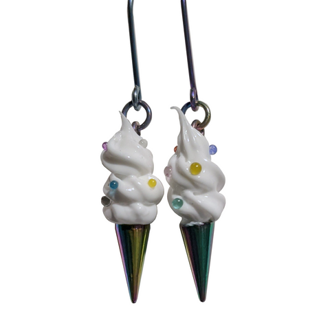 VANILLA RAINBOW SPRINKLE CHROME CONE EARRINGS